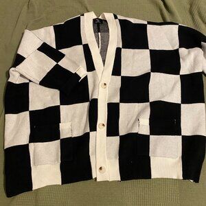 Dressed in Lala - Love You Oversized Checkerboard Cardigan in Black + White S/M